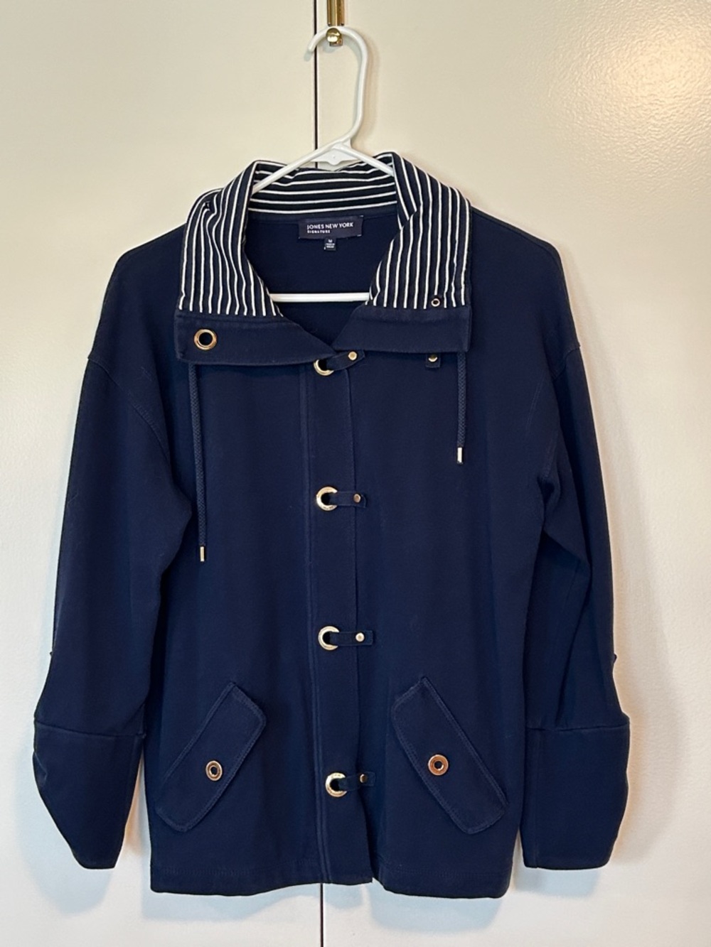 Jones New York Navy Toggle Jacket with Striped collar